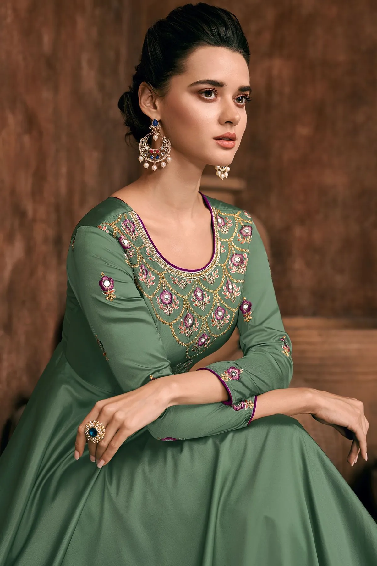 Fern Green Reyon Party Wear Anarkali Suit