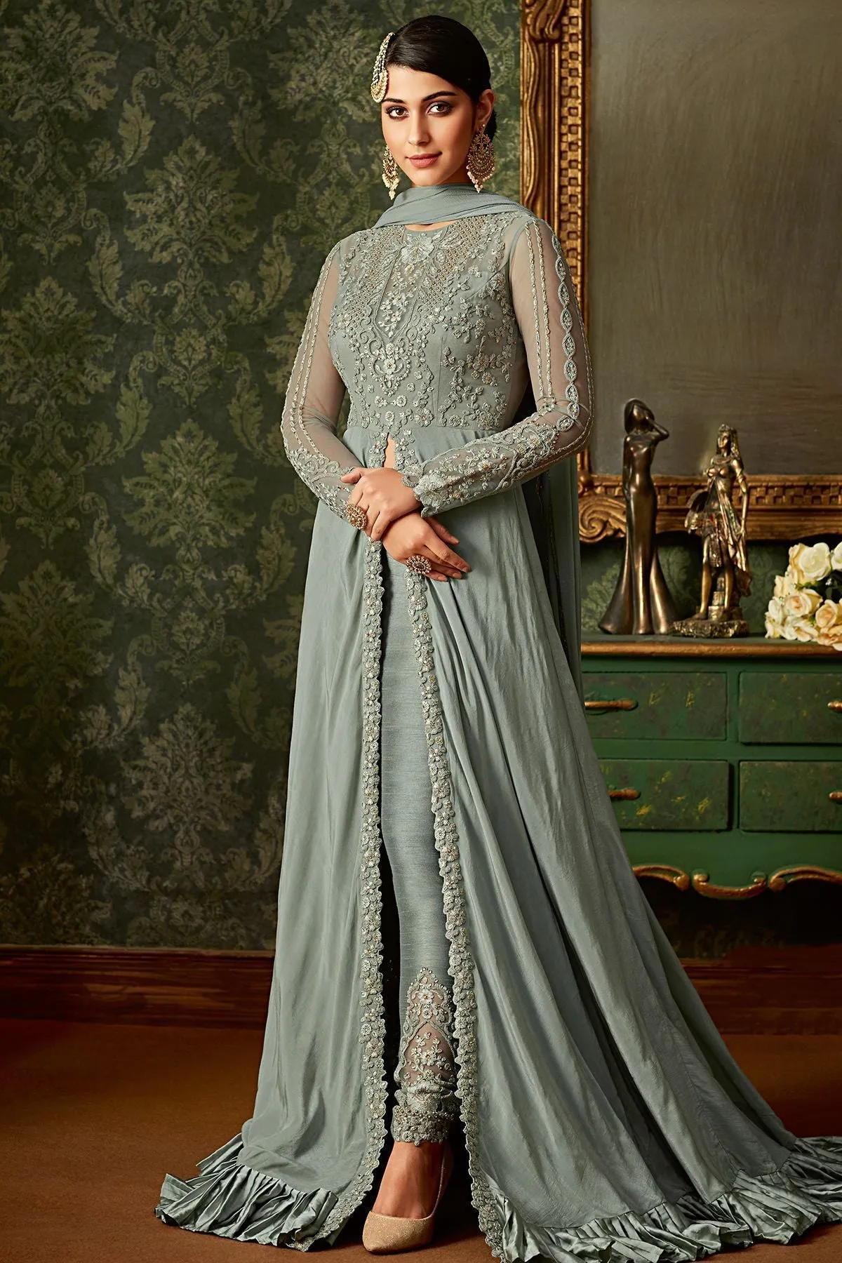 Flint Grey Embroidered Slit Cut Suit
