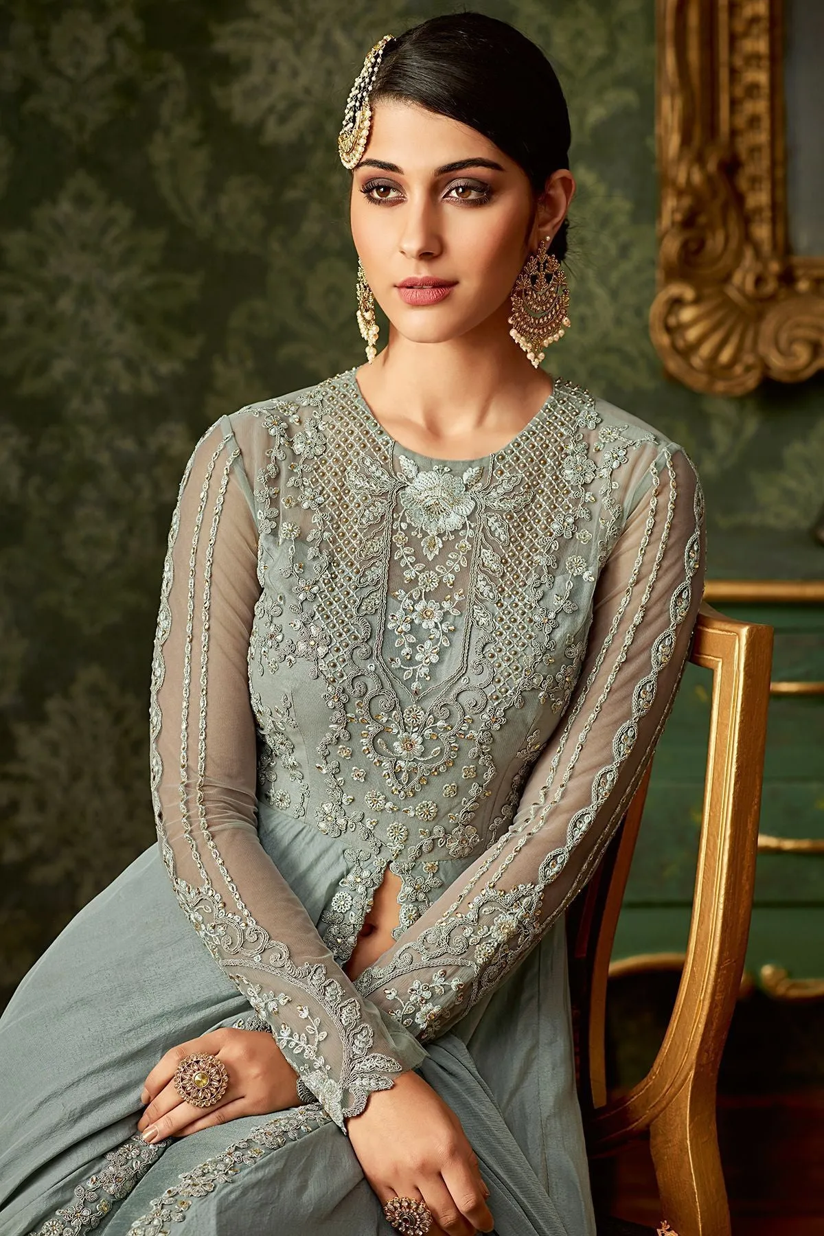 Flint Grey Embroidered Slit Cut Suit