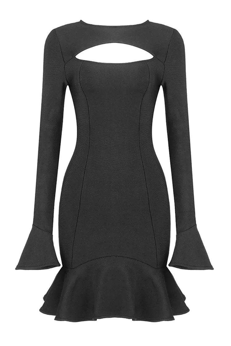 Flytonn-nye outfits Long Sleeve Cutout Front Ruffle Hem Bandage Mini Dress - Black