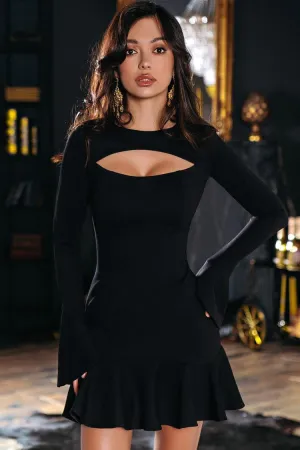 Flytonn-nye outfits Long Sleeve Cutout Front Ruffle Hem Bandage Mini Dress - Black