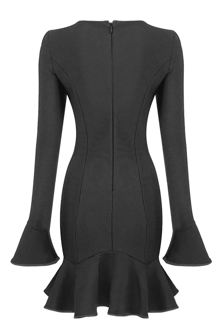 Flytonn-nye outfits Long Sleeve Cutout Front Ruffle Hem Bandage Mini Dress - Black