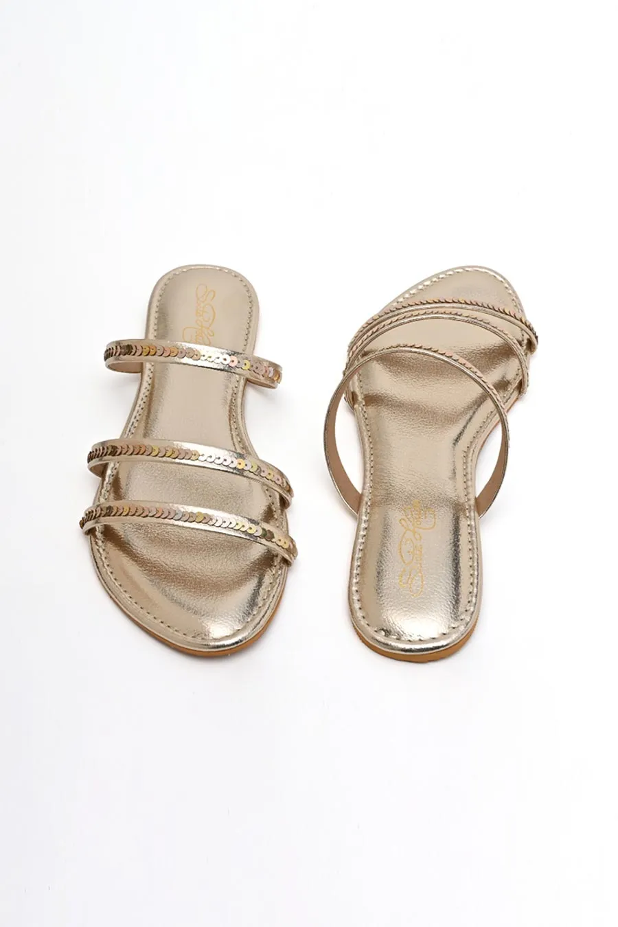 Gold Crystal Embellished Strappy Flats