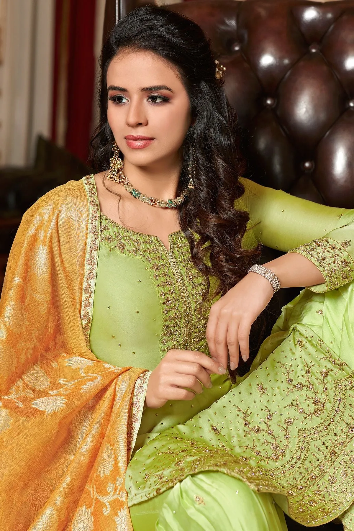 Green Georgette Embroidered Sharara Suit