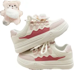 Kawaii Cartoon Charms Chunky Sneakers for Women & Girls - Y2K Retro Platform Cute Shoes, Comfy Orthopedic Cushion White Casual Streetwear for Back to School, Beach Travel, Hiking, All-Match