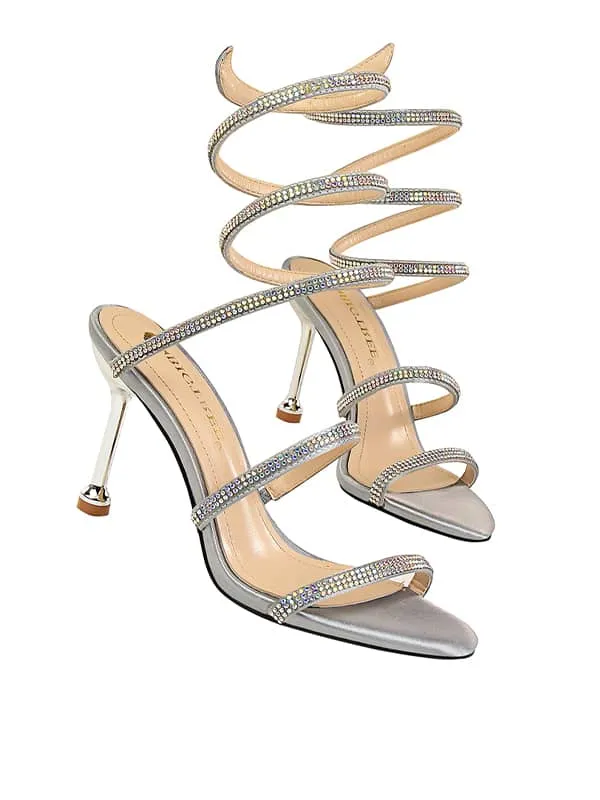 Lace Up Rhinestone Stiletto&Sandals