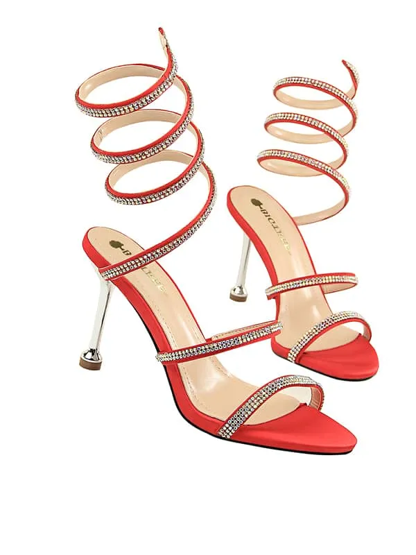 Lace Up Rhinestone Stiletto&Sandals