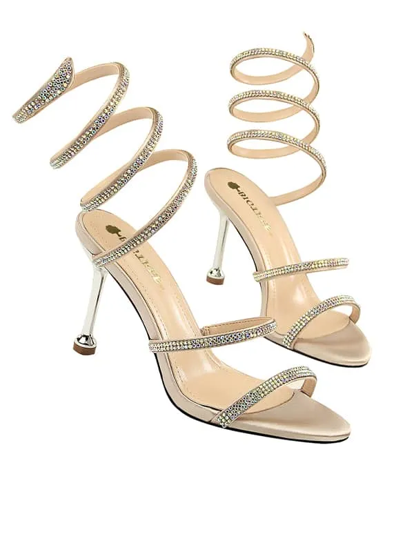 Lace Up Rhinestone Stiletto&Sandals