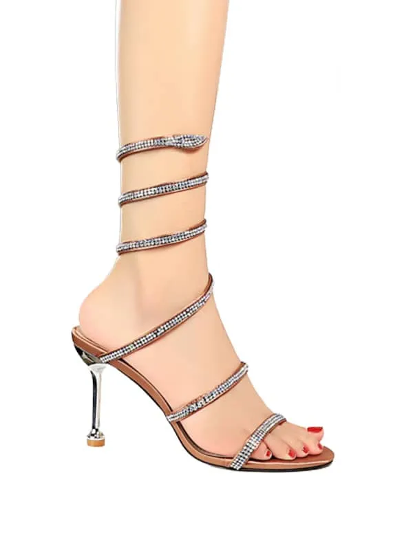 Lace Up Rhinestone Stiletto&Sandals