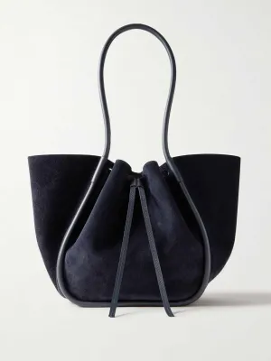 Large leather-trimmed ruched suede tote