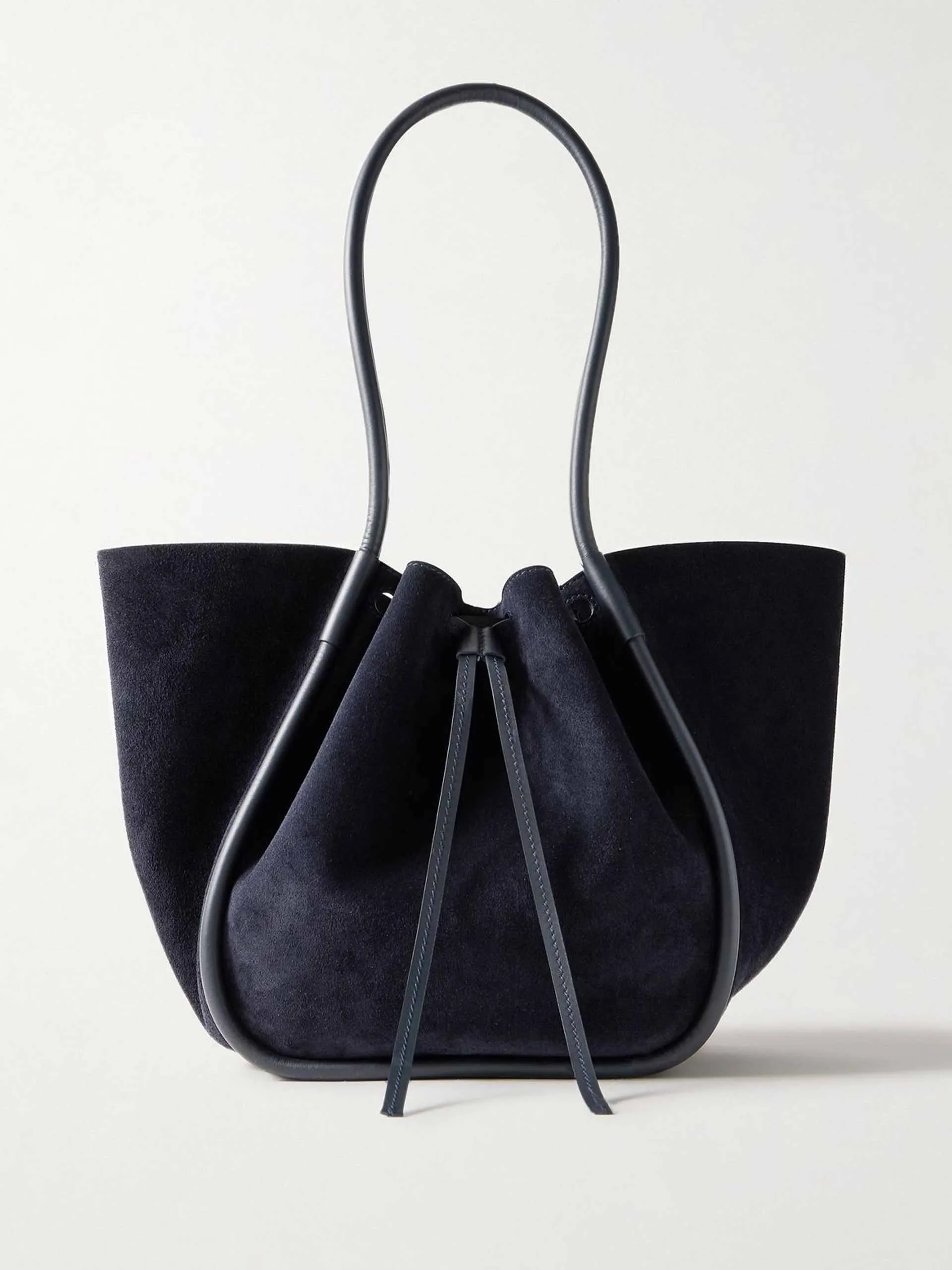 Large leather-trimmed ruched suede tote