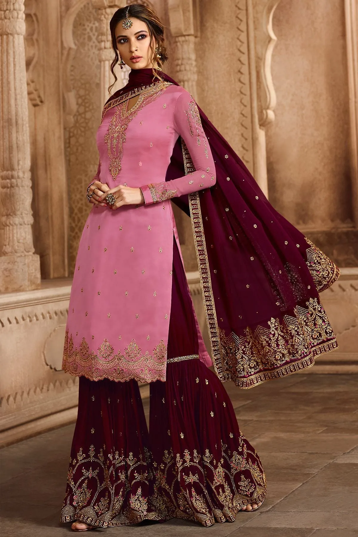 Lavender and Wine Georgette Palazzo Suit