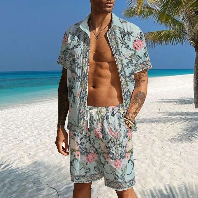 Men's Casual Waffle Print Shirt Resort Set 73633265YM