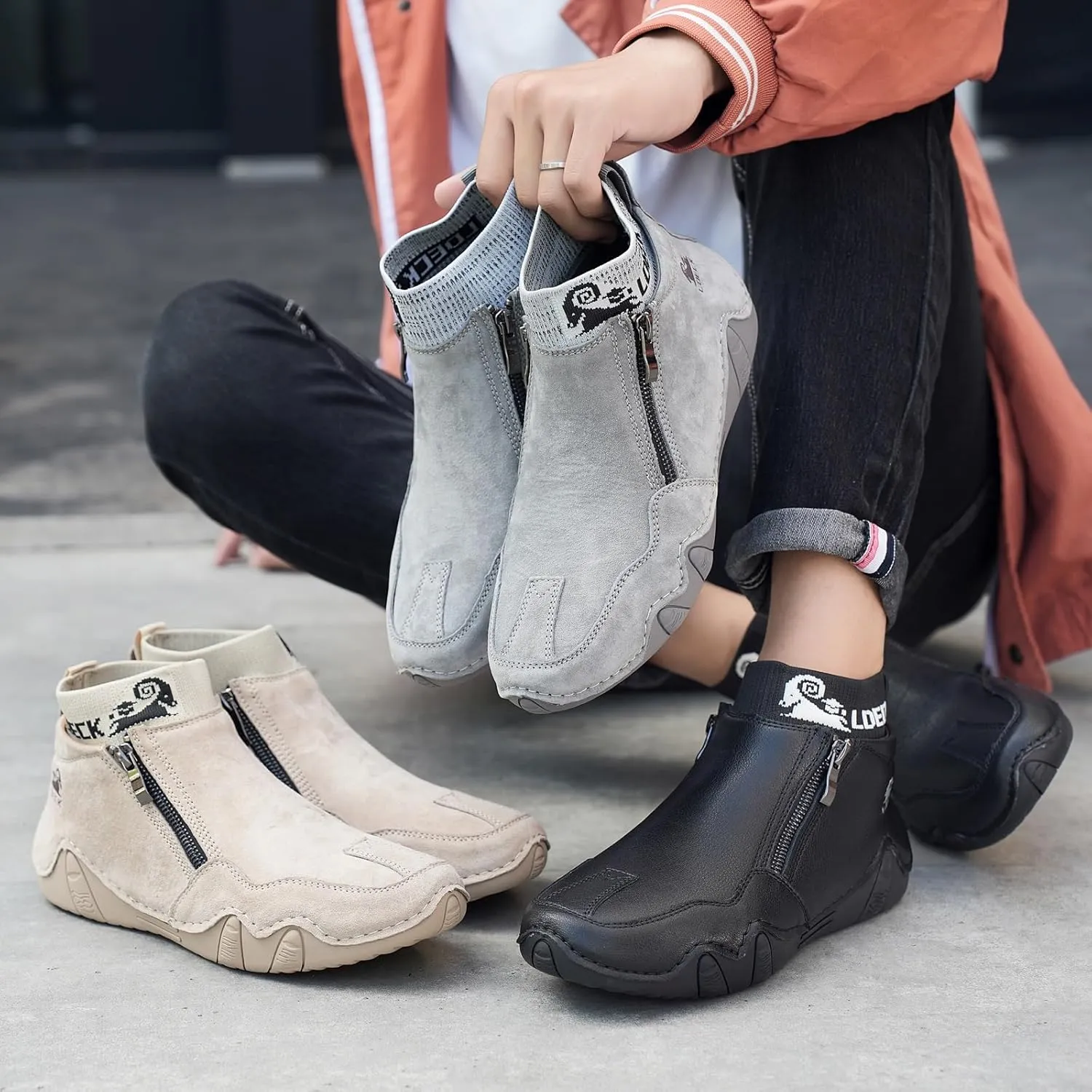 Men's Handmade Suede Ankle Chukka Waterproof Outdoor Hiking High Boots All-Terrain Adventure Boots Zipper Non-Slip Fashionable Men's Boots