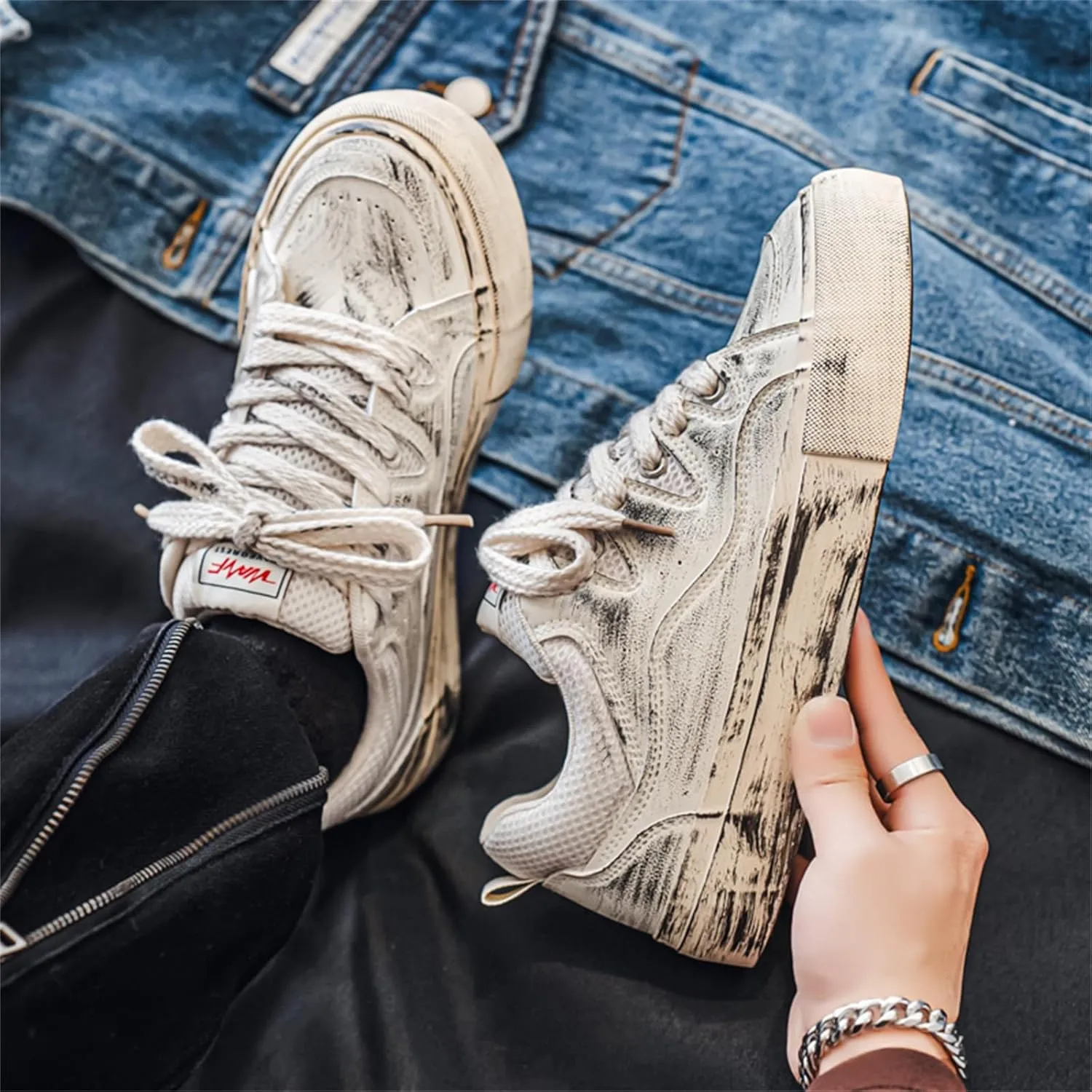 Men's Low Top Lace Up Platform Fashion Sneakers Retro Stylish Casual Round Toe Walking Skateboard Shoes Street Sneakers