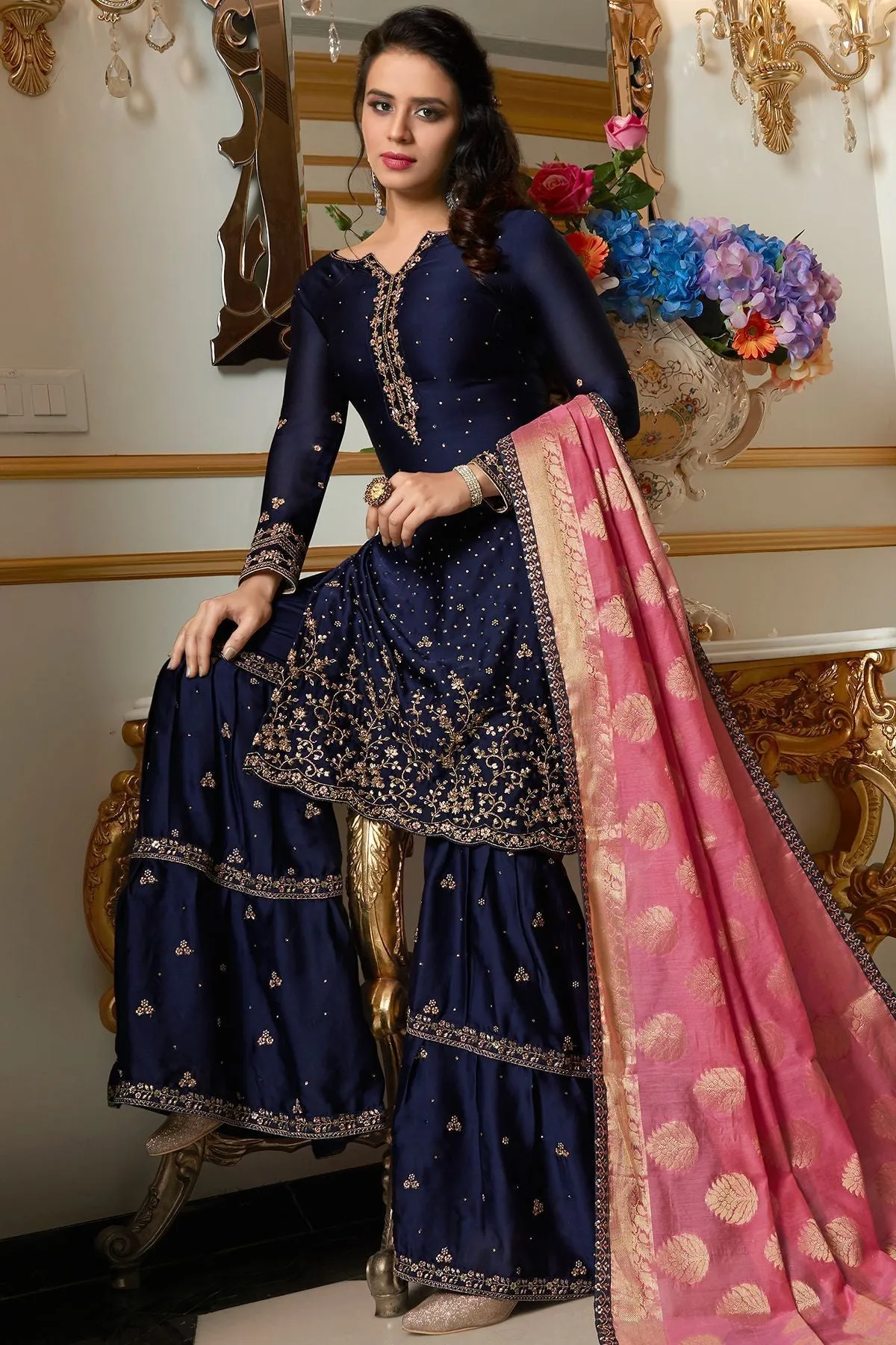 Midnight Blue Embroidered Sharara Suit