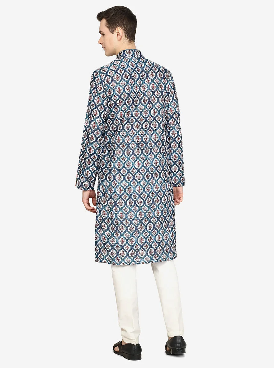 Multi Mughal Printed Silk Blend Kurta for Men