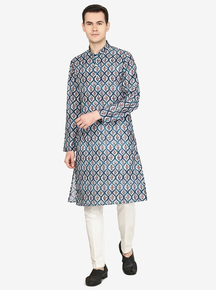 Multi Mughal Printed Silk Blend Kurta for Men