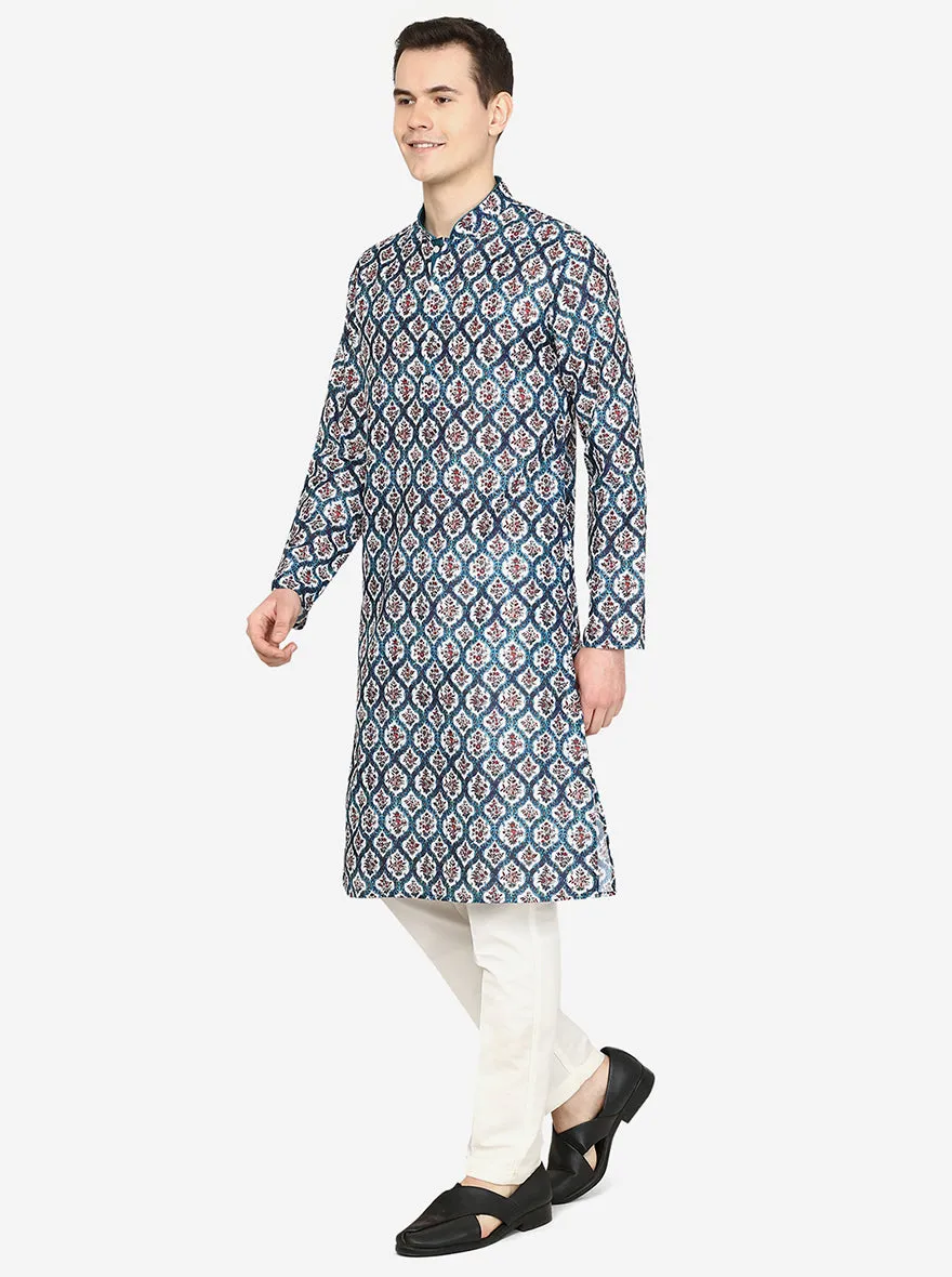 Multi Mughal Printed Silk Blend Kurta for Men