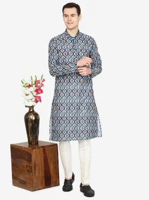 Multi Mughal Printed Silk Blend Kurta for Men