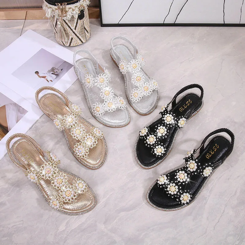 New Casual Ladies Sandals Thong Flower Pearl Decorative Elastic Band Sandals for Women