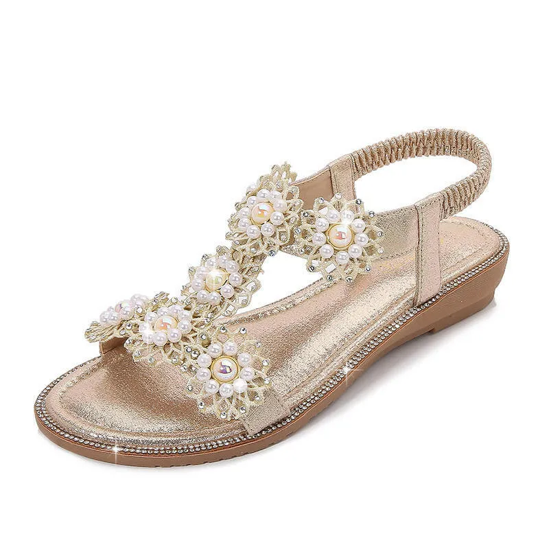New Casual Ladies Sandals Thong Flower Pearl Decorative Elastic Band Sandals for Women