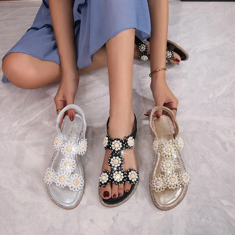 New Casual Ladies Sandals Thong Flower Pearl Decorative Elastic Band Sandals for Women