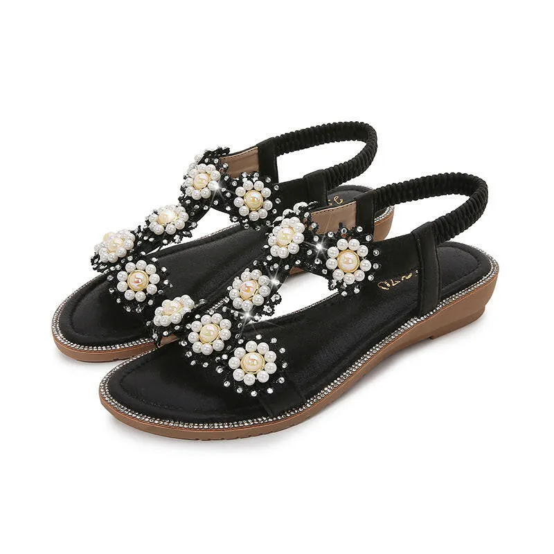 New Casual Ladies Sandals Thong Flower Pearl Decorative Elastic Band Sandals for Women