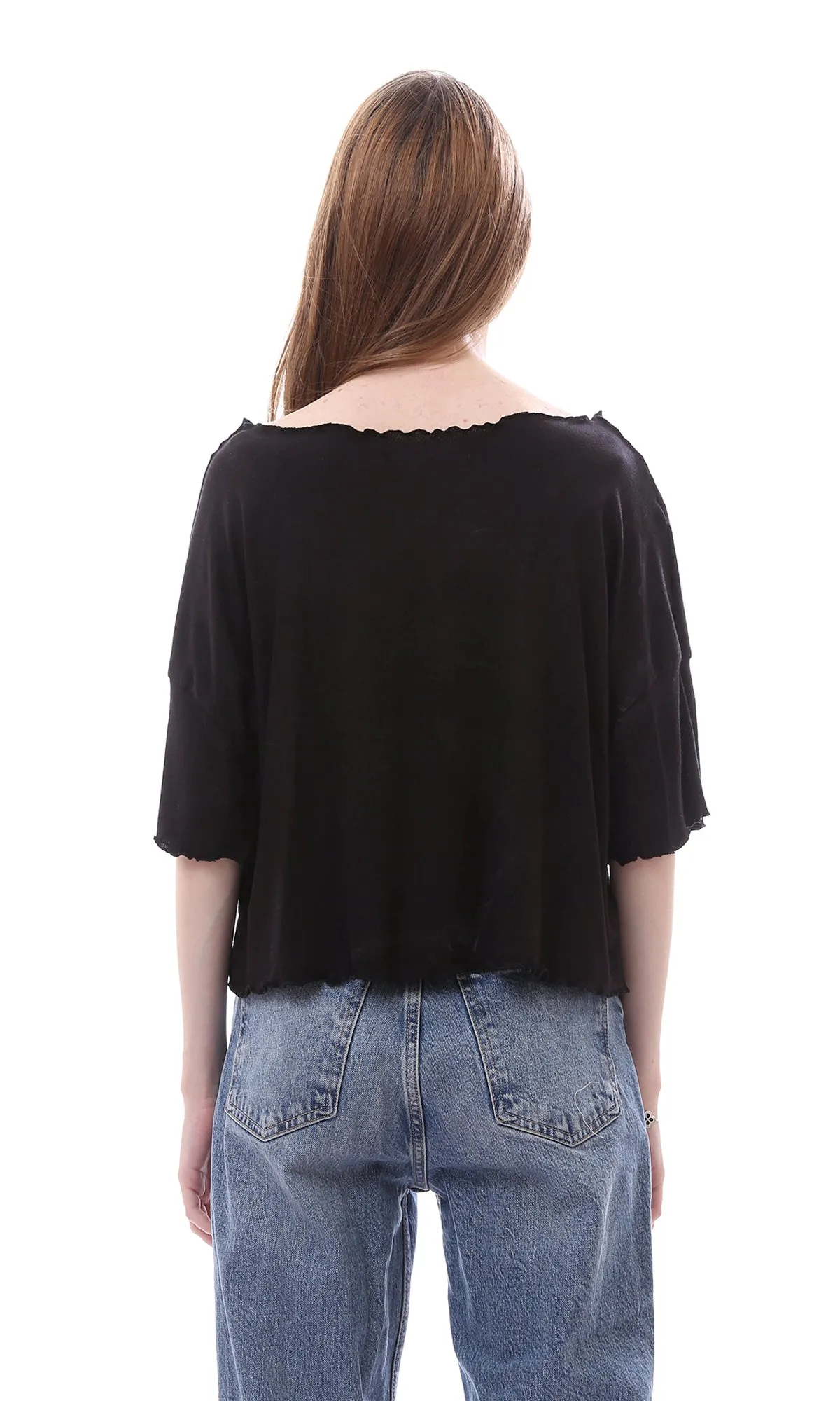 O167278 Cool Solid Pattern Elbow Sleeves Black Top
