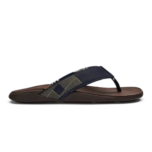 Olukai "Tuahine" Men's Trench Blue/Dark Wood Leather Sandals