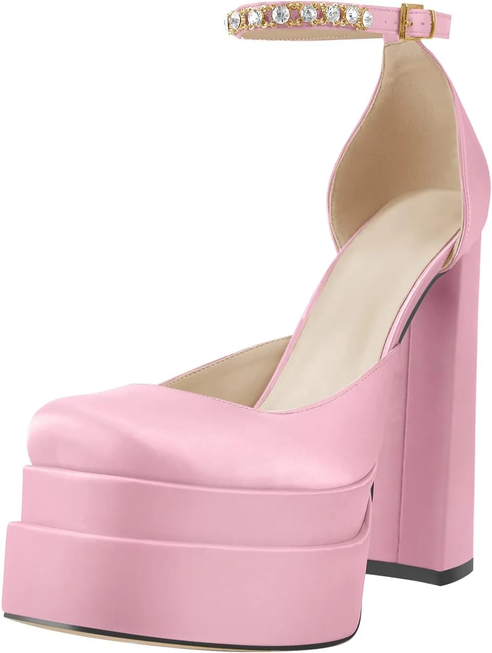 Onlymaker Women's Platform Chunky High Heel Pumps Pink Mary Jane Platform Heels for Women Square Toe Ankle Strap Fashion Party Prom Dress Satin Pumps Shoes Size 7