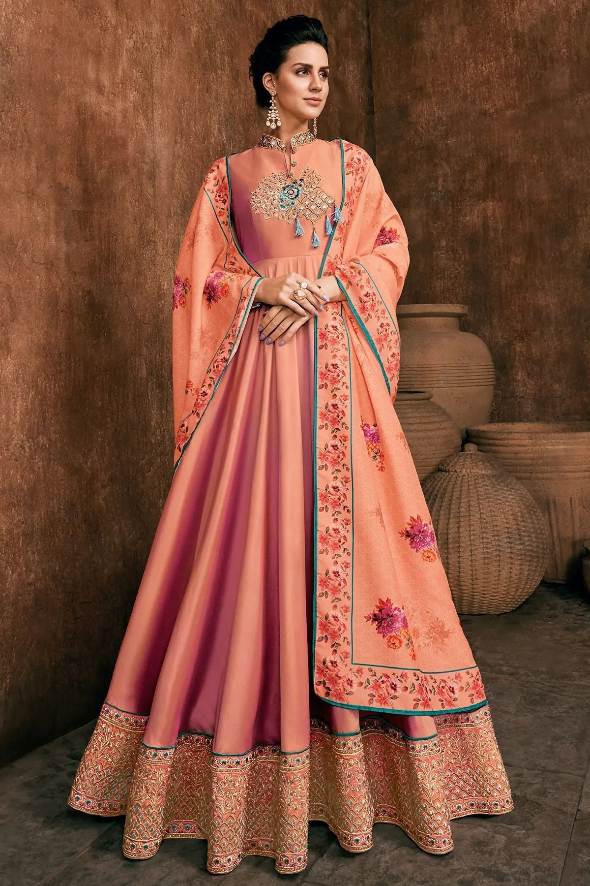 Peach Reyon Party Wear Anarkali Suit