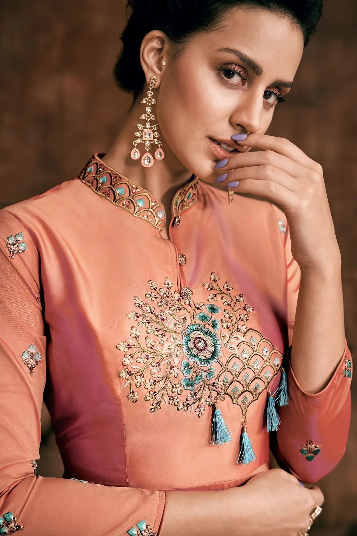 Peach Reyon Party Wear Anarkali Suit