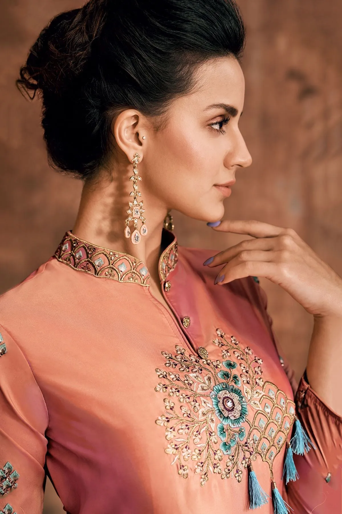 Peach Reyon Party Wear Anarkali Suit