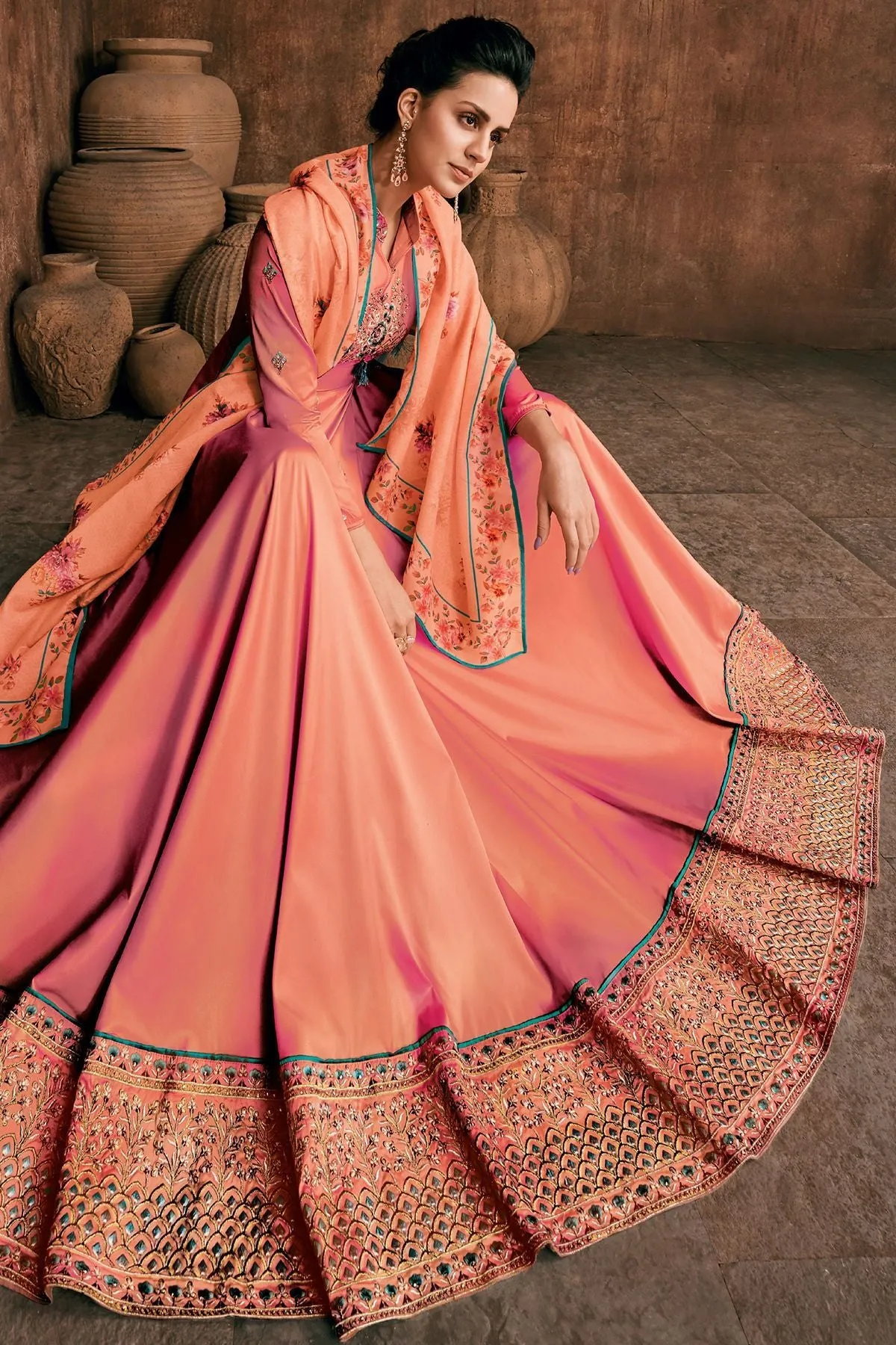 Peach Reyon Party Wear Anarkali Suit