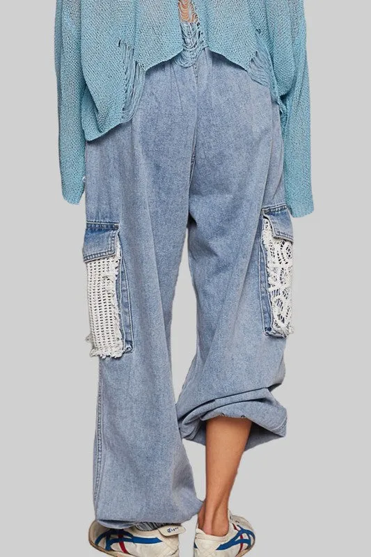 POL Crochet Patch Distressed Blue Washed Jeans