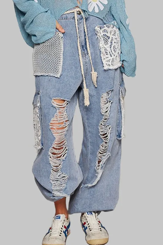 POL Crochet Patch Distressed Blue Washed Jeans