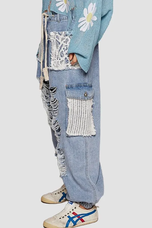 POL Crochet Patch Distressed Blue Washed Jeans