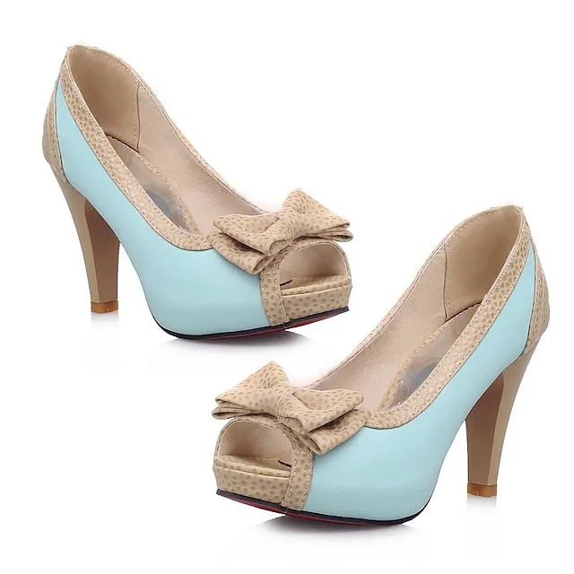 Purpdrank - Women's Sandals Stilettos Platform Sandals Party Daily Bowknot High Heel Peep Toe Cute Elegant PU Leather Loafer Color Block White Rosy Pink Blue