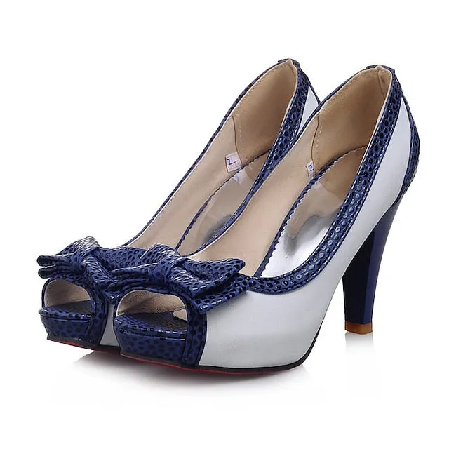 Purpdrank - Women's Sandals Stilettos Platform Sandals Party Daily Bowknot High Heel Peep Toe Cute Elegant PU Leather Loafer Color Block White Rosy Pink Blue