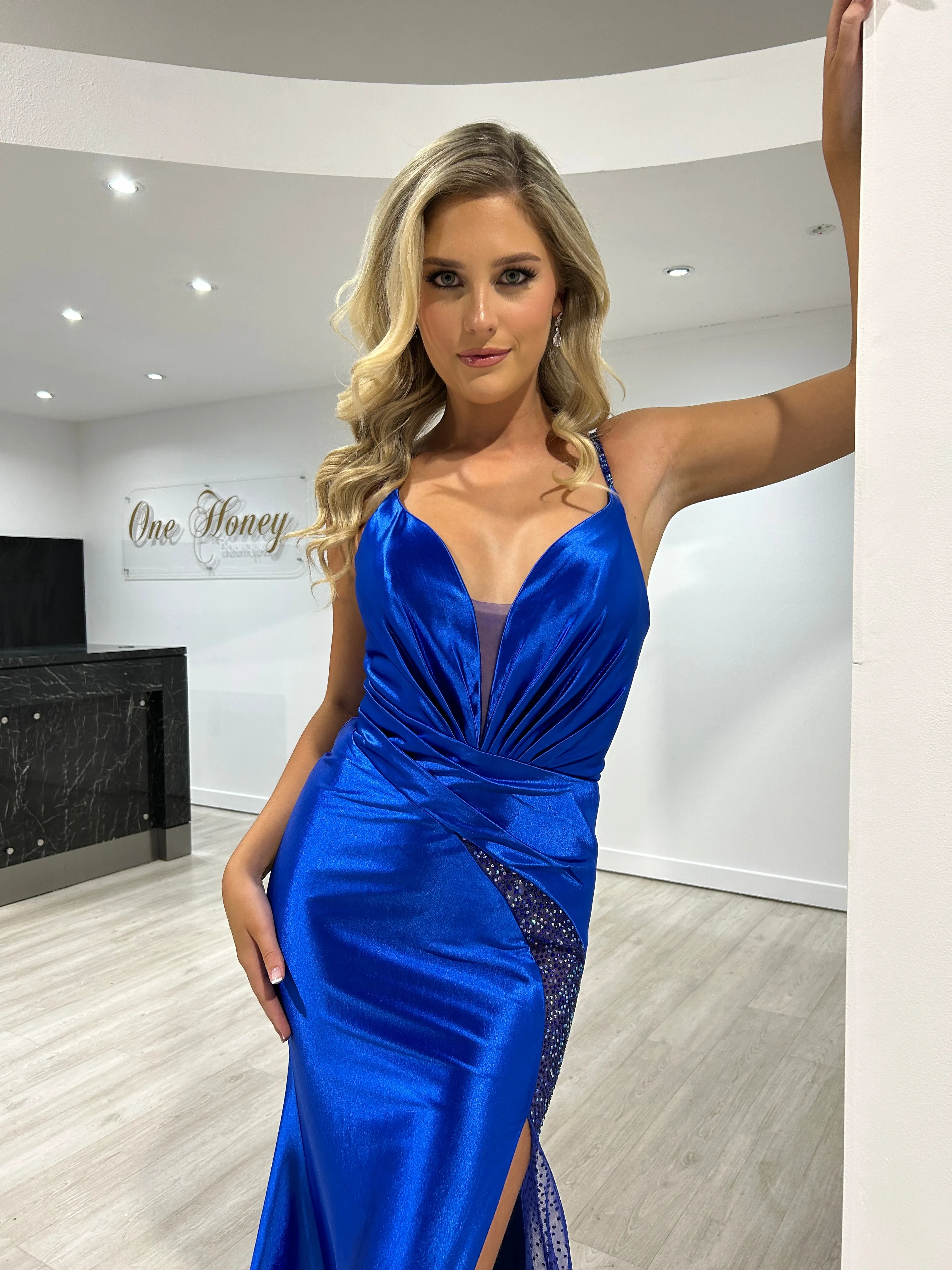 RENA Satin Diamanté Leg Split Mermaid Formal Dress