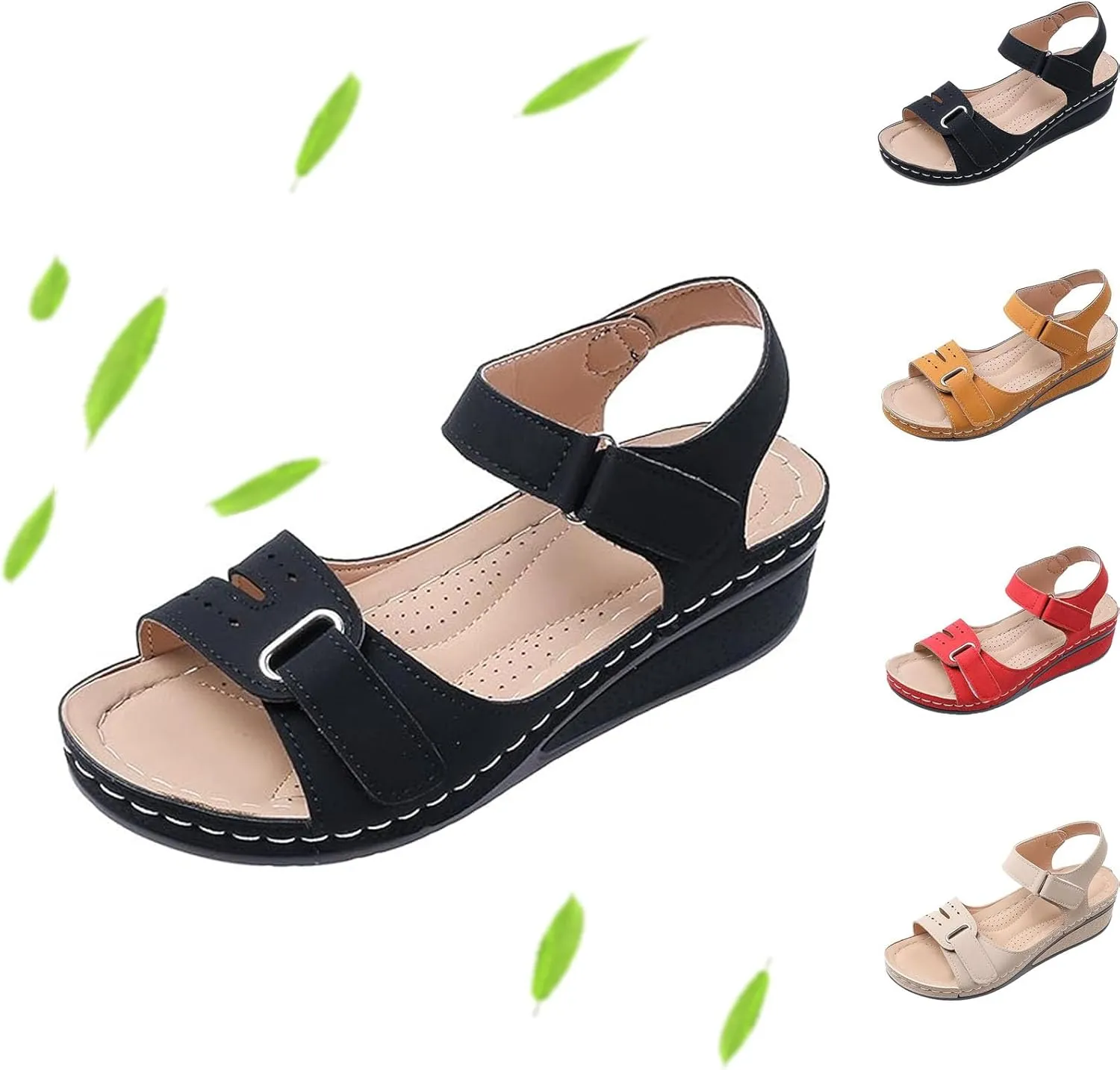Retro Summer Wedge Sandals for Women Chic, Leather Orthopedic Walking Platform Sandals with Ankle Strap
