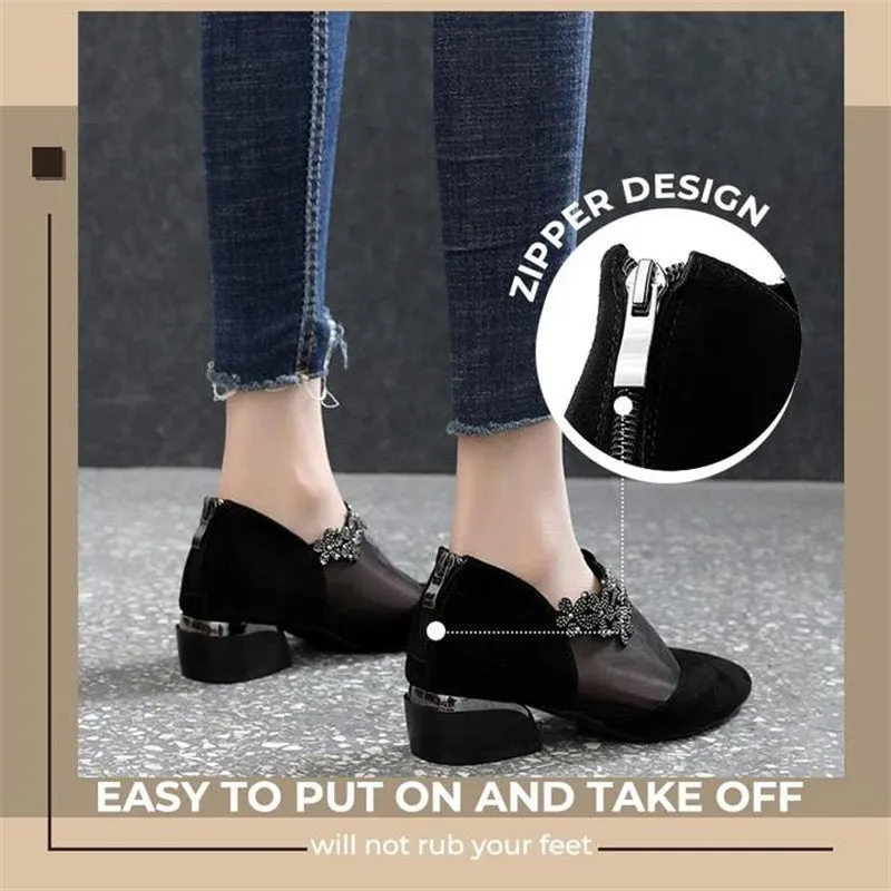 Rhinestone Hollow Chunky Heel Shoes
