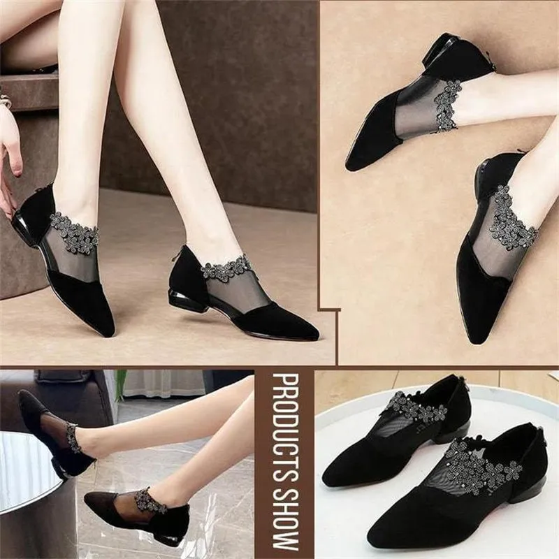 Rhinestone Hollow Chunky Heel Shoes