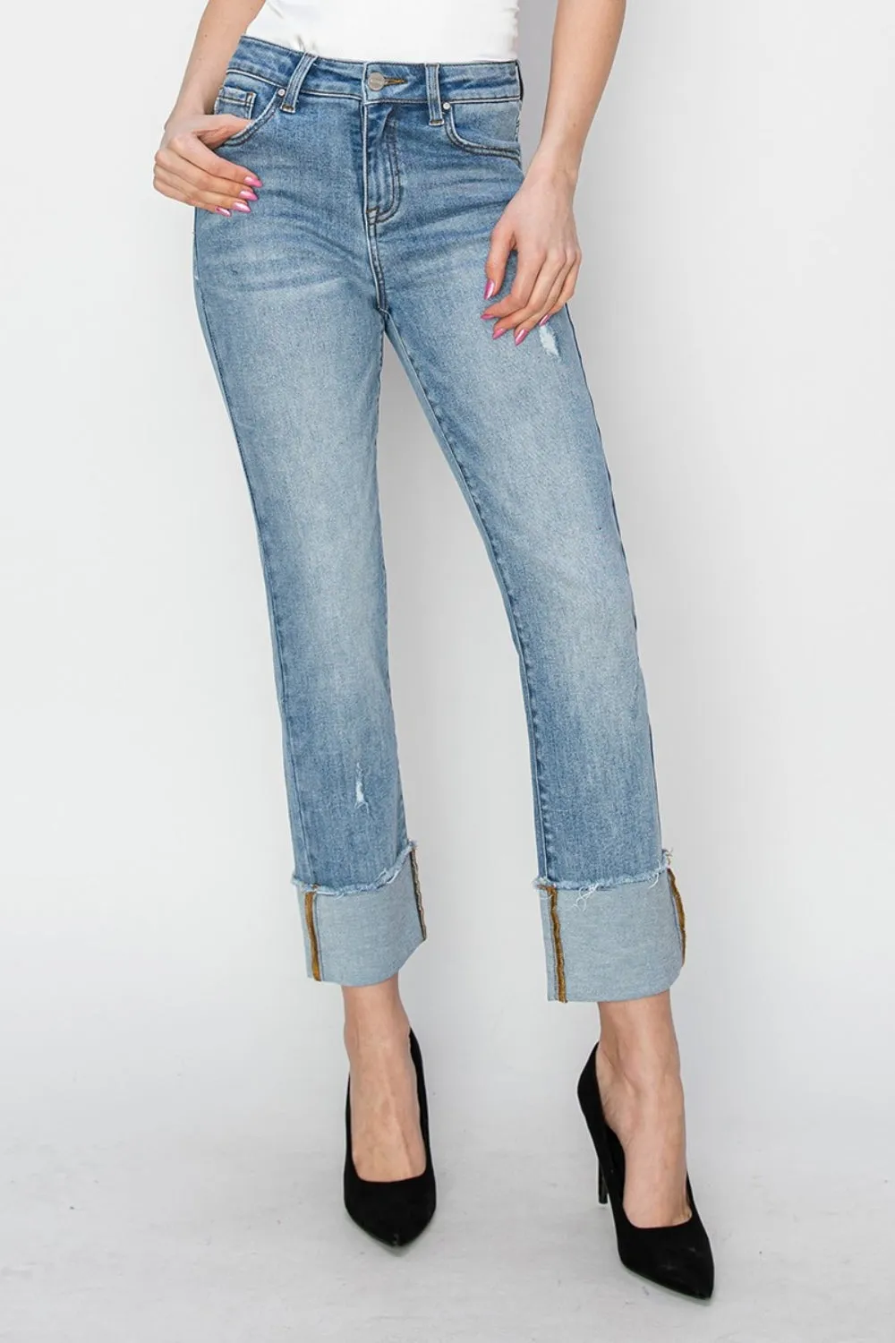 RISEN Lisa High Rise Cuffed Slim Straight Jeans