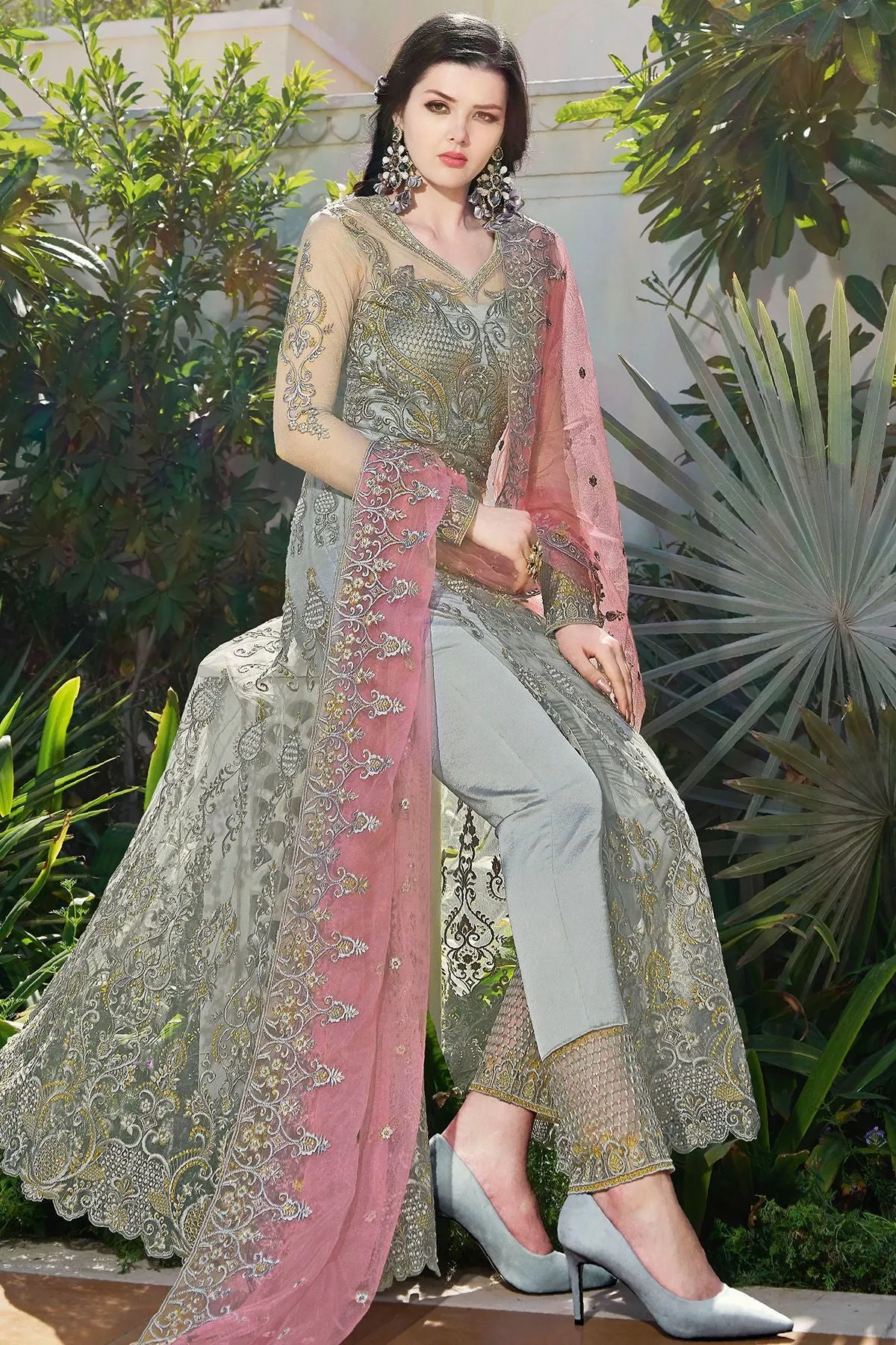 Silver Grey Net Slit Cut Anarkali Suit