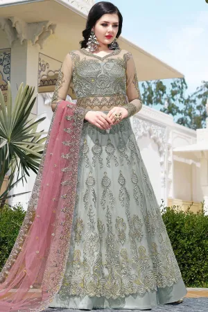 Silver Grey Net Slit Cut Anarkali Suit