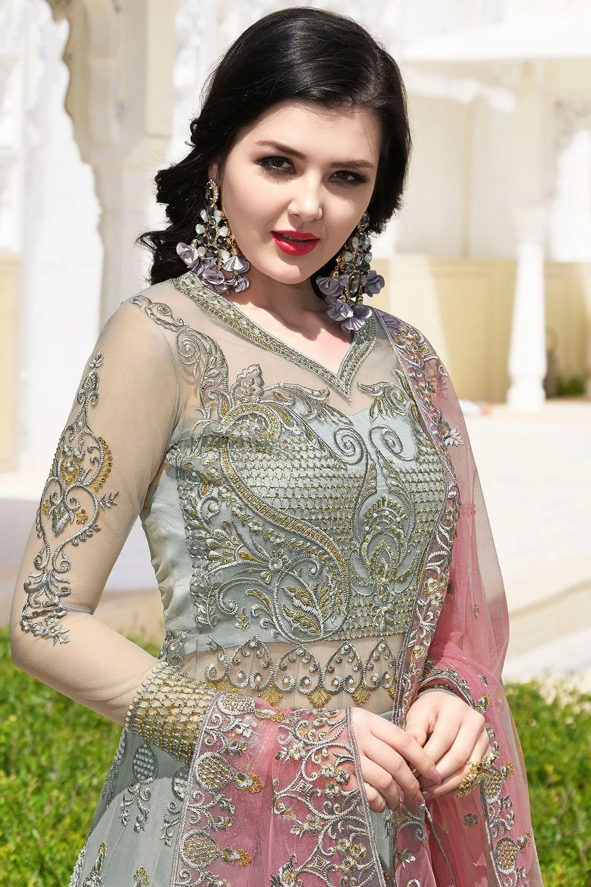 Silver Grey Net Slit Cut Anarkali Suit