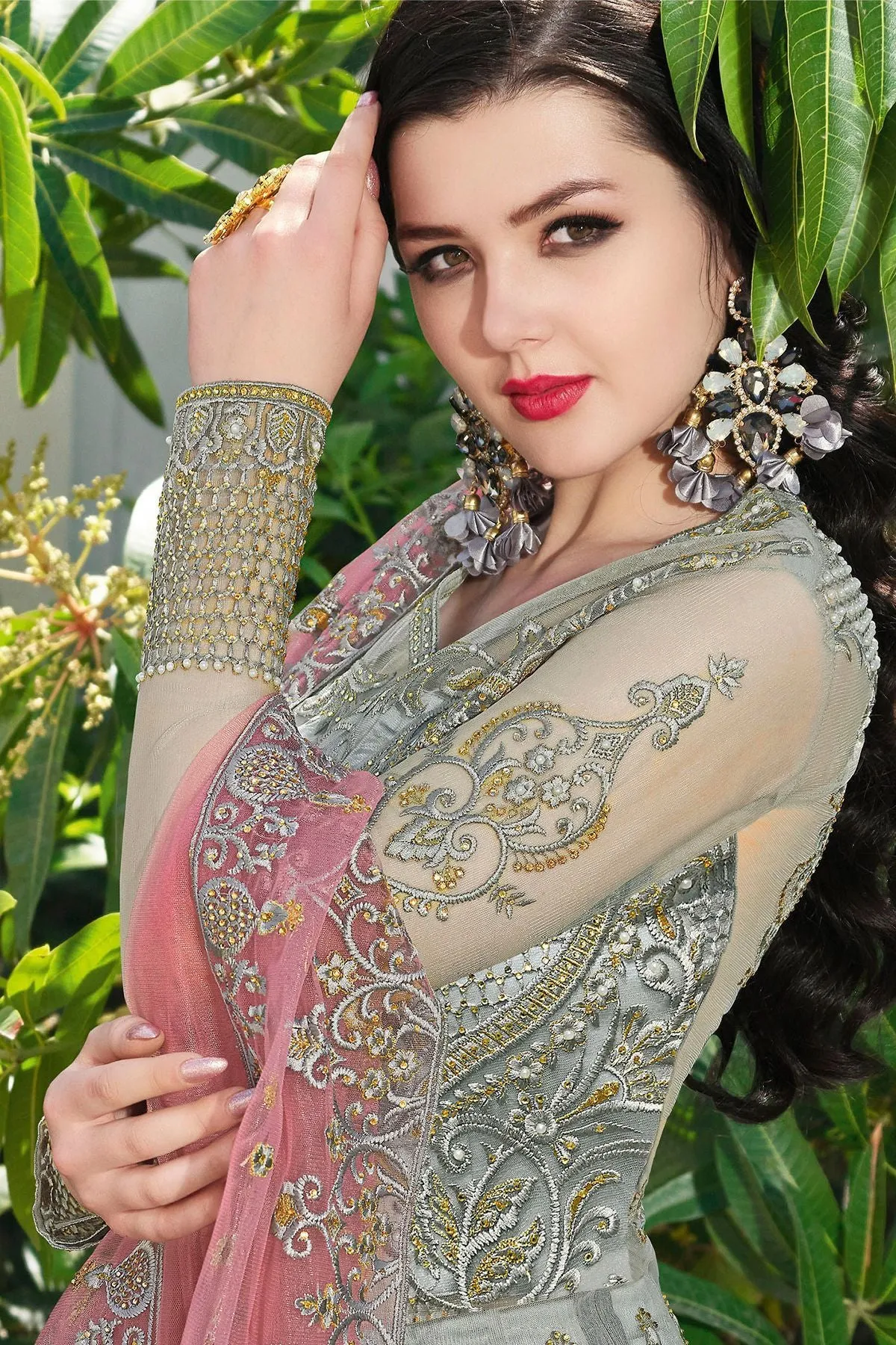 Silver Grey Net Slit Cut Anarkali Suit
