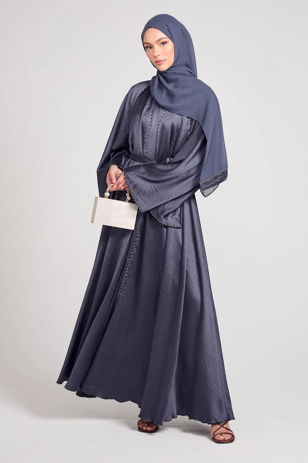 Soft Sheen Umbrella Cut Open Abaya with Flared Sleeves - Smoked Pearl